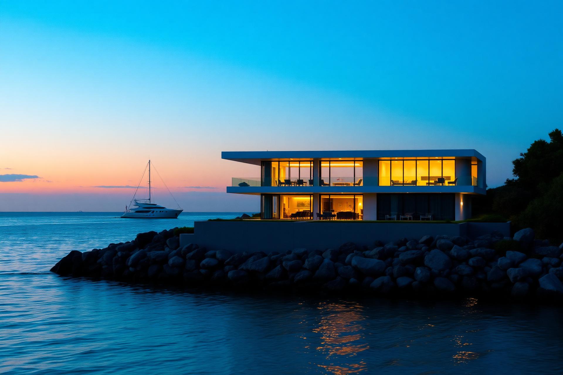 Modern coastal home at golden hour with sailboat in the distance